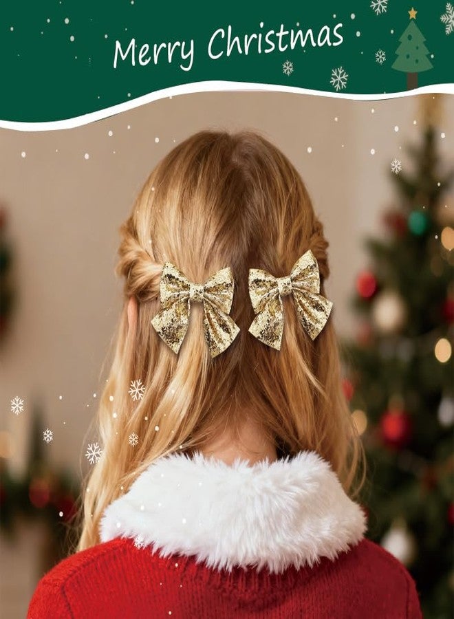 Sdopbinbin Gold Glitter Bow Hair Clips Barrettes for Girls Women Bling Christmas Ribbon Hair Clip Bow Alligator Hair Clips Gold Glitter Christmas Hair Accessories for Girls Women Hair Bows Clip Barrettes 2Pcs - Image 3